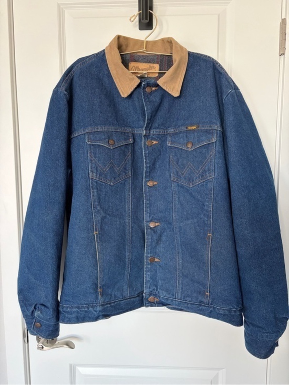 Vintage Wrangler Blanket Lined Denim Jacket 46L USA Made Western Trucker Coat